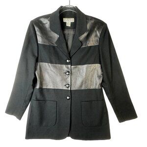 Vintage Wool Blazer With Leather Accents Size 10‎ Eighties Glam Classic Luxury